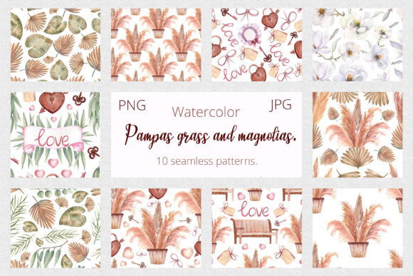 Pampas Grass & Magnolia Watercolor Patterns